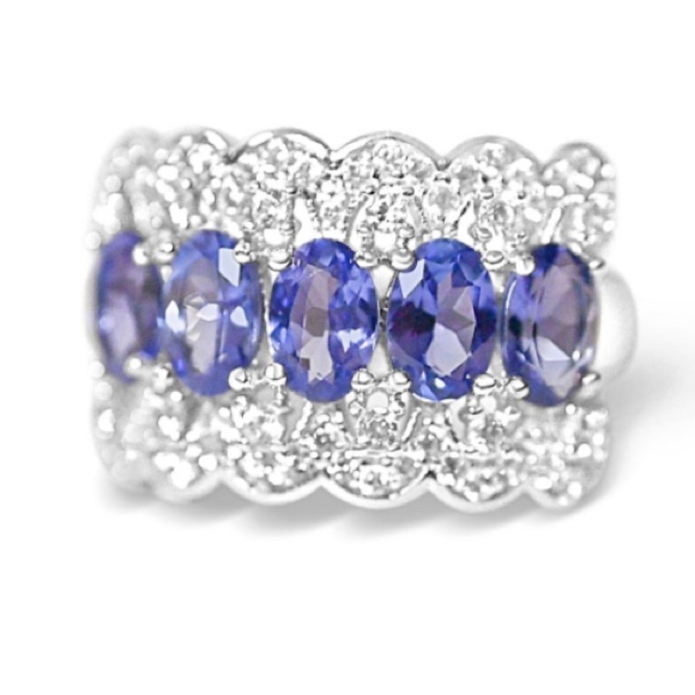 Tanzanite & White Zircon Sterling Silver 925 Cocktail Ring